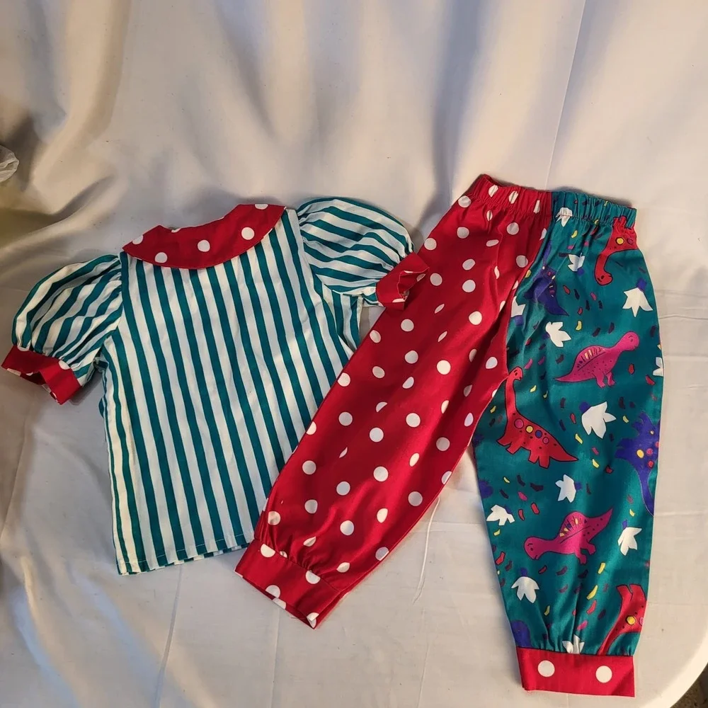 Vintage English Toffee Girls 4T Shirt 3T Pants Polka Dot Color Block Dinosaurs